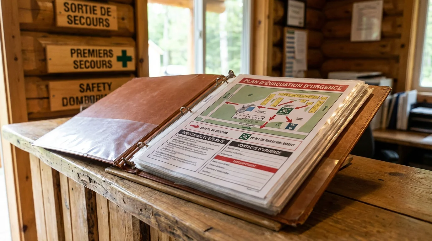 Cahier des prescriptions de sécurité ouvert sur un bureau d'accueil de camping vendée normandie triangle protection