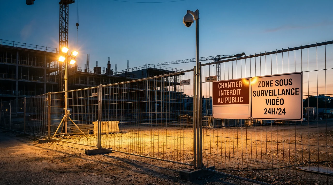 Chantier de construction sécurisé avec clôtures métalliques et éclairage de sécurité au crépuscule - rouen, le havre caen, vendée, laval normandie triangle protection