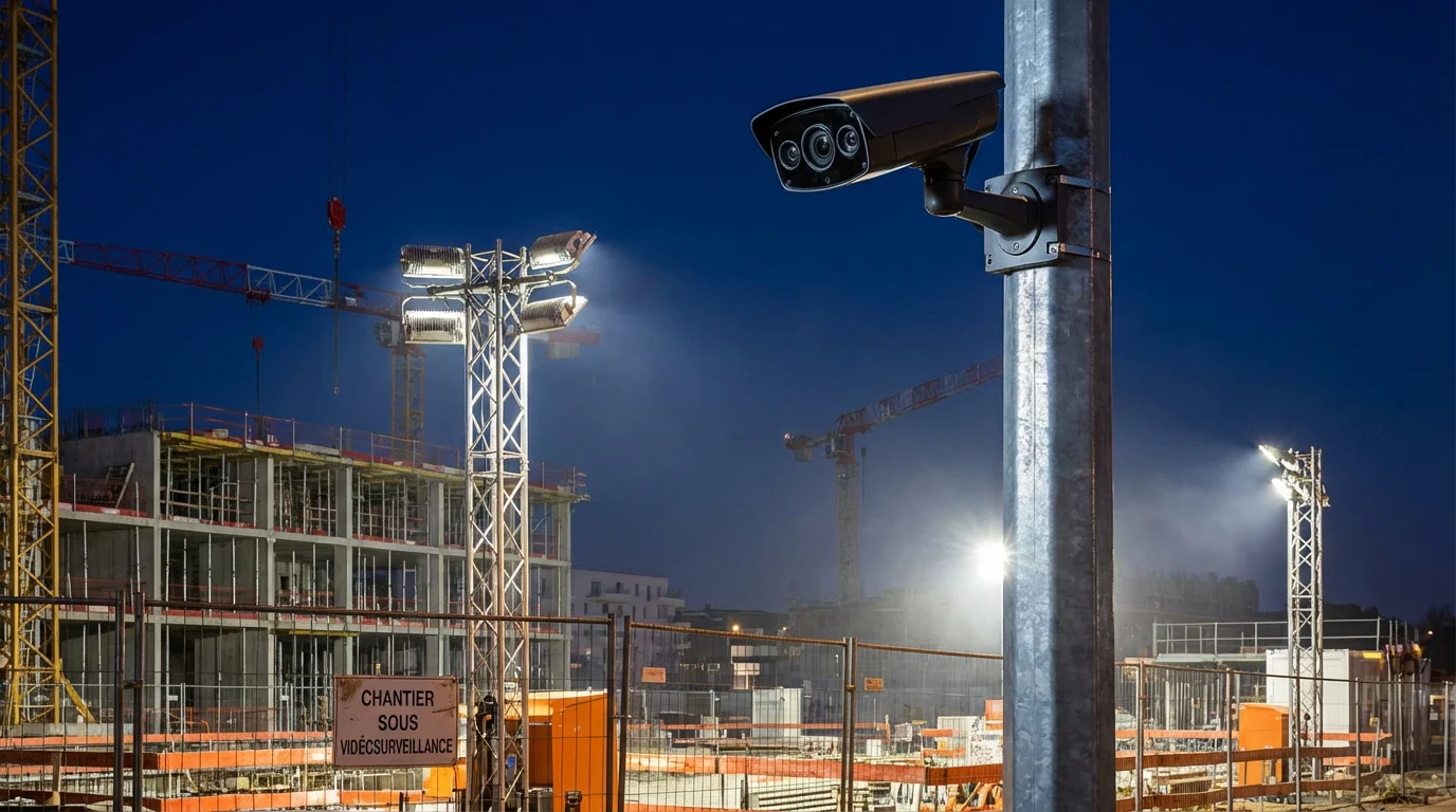 Caméra de vidéosurveillance installée sur un chantier de construction la nuit dans le Calvados triangle protection